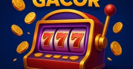 Ilustrasi 3D mesin slot 777 bertema game slot gacor anti rungkat dengan koin emas dan latar biru