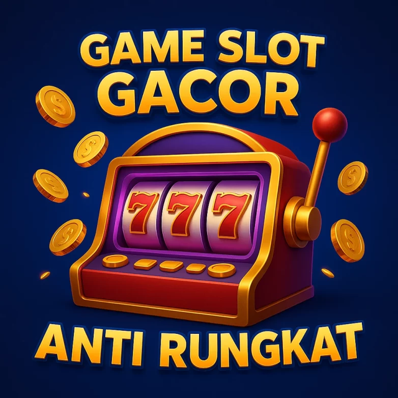 Ilustrasi 3D mesin slot 777 bertema game slot gacor anti rungkat dengan koin emas dan latar biru