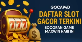 Ilustrasi 3D daftar slot gacor terkini GOCAP4D dengan mesin slot jackpot 777, koin emas berhamburan, dan karung uang, simbol peluang Maxwin hari ini.